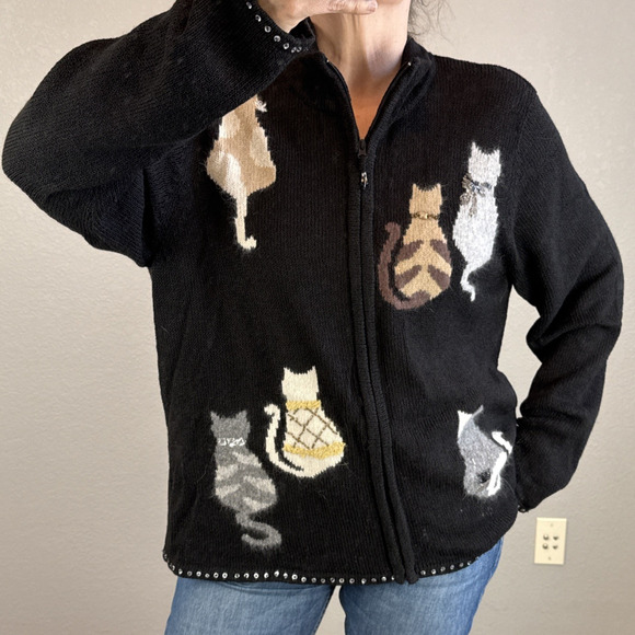 Coldwater Creek Sweaters - Coldwater Creek Full Zip Black Ramie Cat Cardigan Sweater Plus Size 2X Beaded